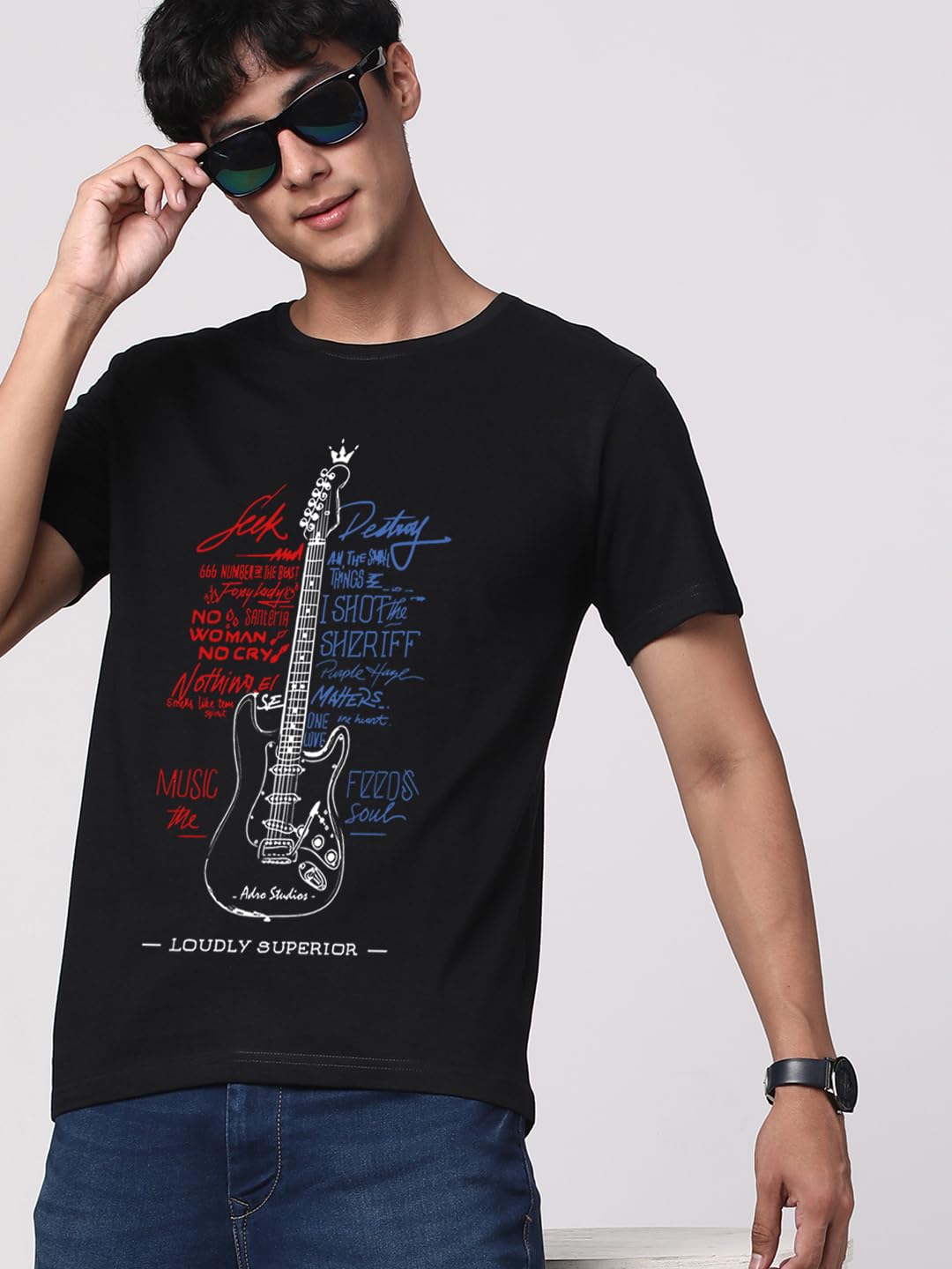 ADRO Guitar Design Printed T-Shirt for Men - 100% Cotton, Regular Fit, Soft Breathable Fabric. (RN23-M-GTR-BL_Black)