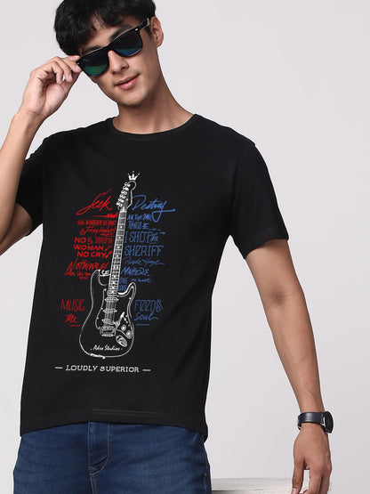 ADRO Guitar Design Printed T-Shirt for Men - 100% Cotton, Regular Fit, Soft Breathable Fabric. (RN23-M-GTR-BL_Black)