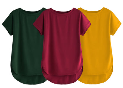Fabricorn Combo Of Three Plain Maroon, Bottle Green And Mustard Yellow Round Neck Up And Down Cotton Tshirt For Women (Maroon, B
