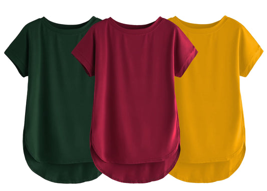 Fabricorn Combo Of Three Plain Maroon, Bottle Green And Mustard Yellow Round Neck Up And Down Cotton Tshirt For Women (Maroon, B