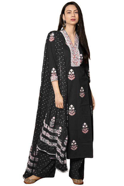 Gosriki WomenS Rayon Viscose Printed Straight Kurta With Pant & Dupatta (Belagavi Black-Gs_M_Black_Medium)