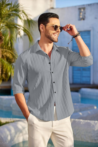 Finivo Fashion MenS Casual Cotton Plain Button Down Shirt Long Sleeve Textured Summer Beach Shirt For Men