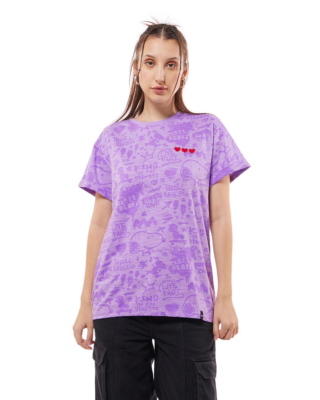 Bewakoof Air 1.0 Official Peanuts Merchandise Snoopy Womens All Over Printed Boyfriend Fit Half Sleeve Round Neck Cotton Slub T