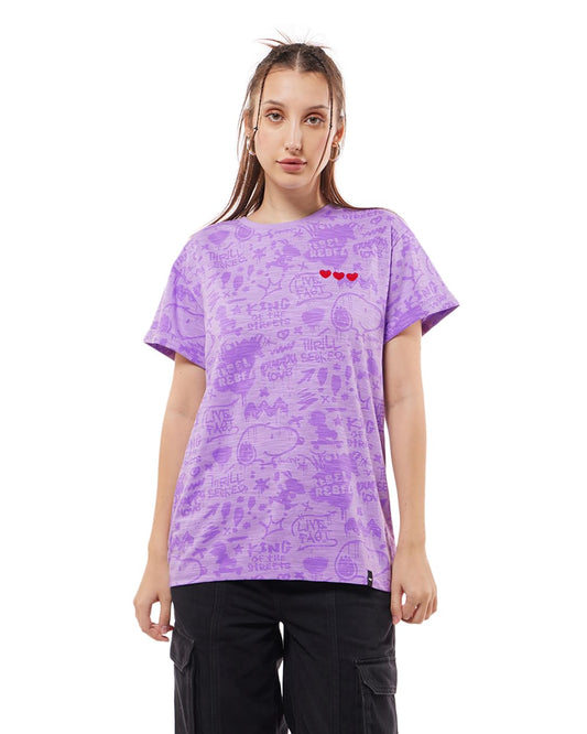 Bewakoof Air 1.0 Official Peanuts Merchandise Snoopy Womens All Over Printed Boyfriend Fit Half Sleeve Round Neck Cotton Slub T