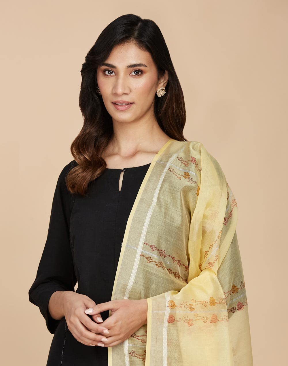 Fabindia Yellow Cotton Silk Blend Hand Block Printed Dupatta | Free Size | 1 Dupatta | 2.5m x 92cm
