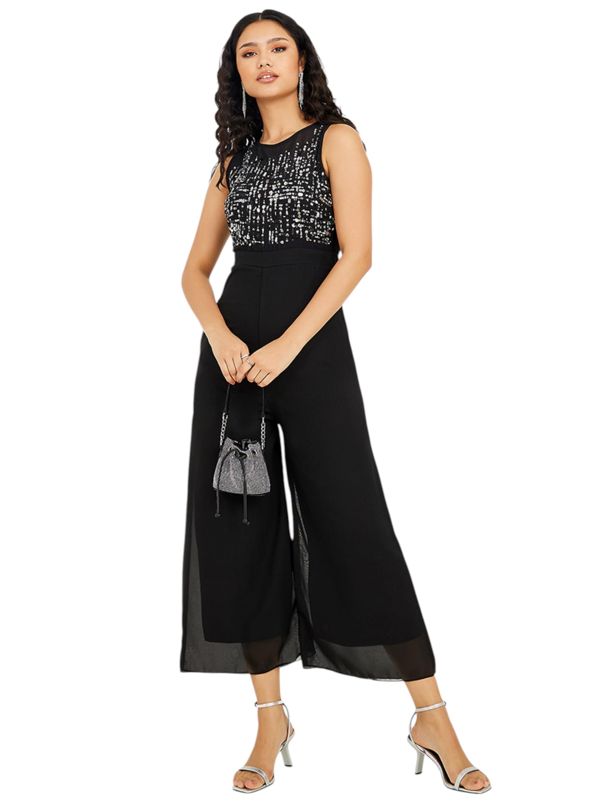 Miss Chase Womens Neck Sleeveless Regular Length Jumpsuit (MCSS25D92-74-62-06, Black, XL)