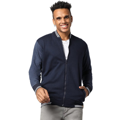 Campus Sutra Mens Navy Blue Zip-Front Jacket with Contrast Striped Hem for Casual Wear | Low-High Neck | Long Sleeve | Zipper C