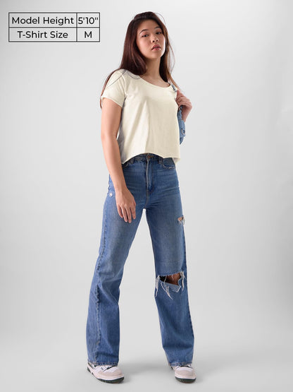 The Souled Store Slub T-Shirt: Off-White Women and Girls Short Sleeves Round Neck Cotton Relaxed Fit T-Shirts