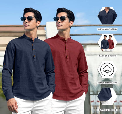 Royalscout Combo Of MenS Solid Cotton Blend Full Sleeve Straight Kurta Shirt (Pack Of 2) Navy-Maroon