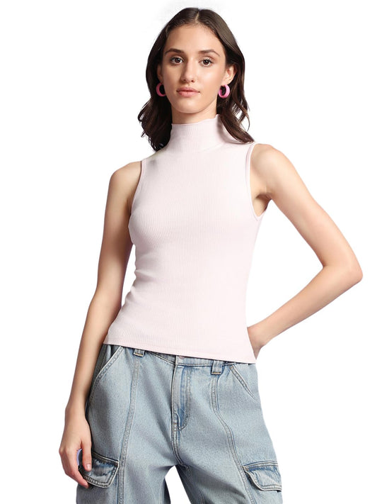 Bewakoof Womens Solid Rib Top - Slim Fit, High Neck, Sleeveless_584453_Pink_3XL