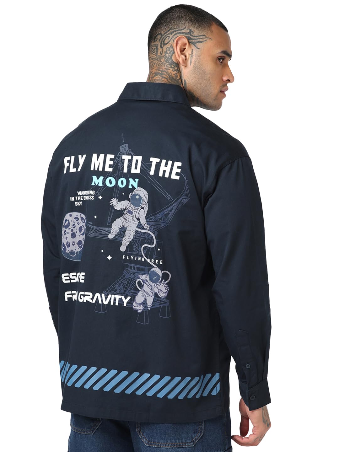 Bewakoof Official Nasa Merchandise MenS Graphic Print Oversized Fit Full Sleeve Collar Twill Shirt_687617_Blue_Xl