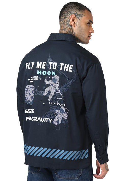 Bewakoof Official Nasa Merchandise MenS Graphic Print Oversized Fit Full Sleeve Collar Twill Shirt_687617_Blue_Xl