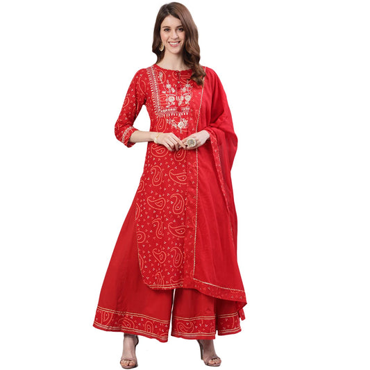 ishin Women's Red Bandhani Embroidered Straight Kurta Sharara Dupattta Set