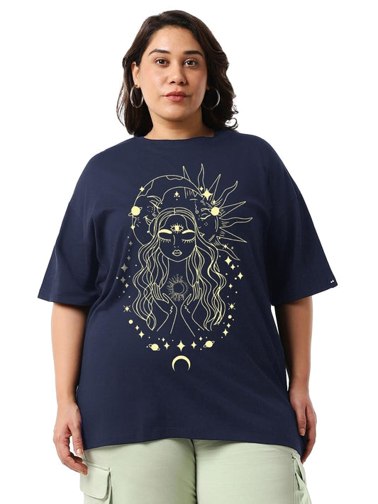 Bewakoof Womens Cotton Graphic Printed Oversized Plus Size T-Shirt_625725_Blue_5XL