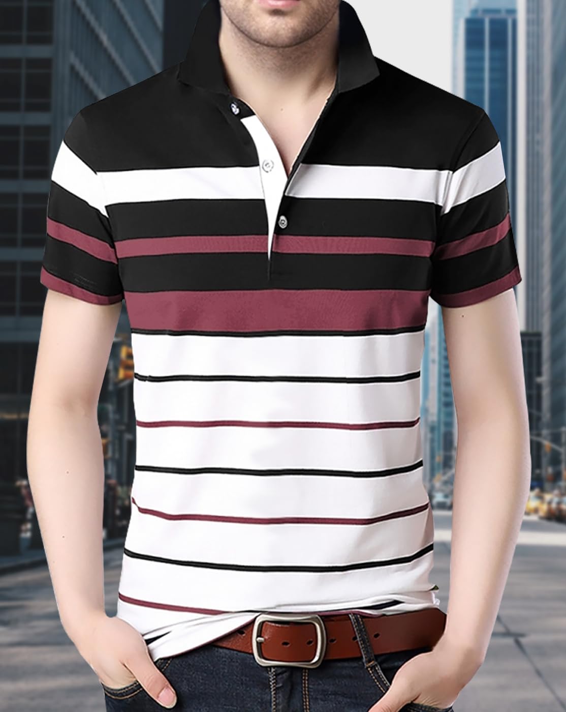 Noble Monk MenS Regular Fit Polo Neck T-Shirt | Half Sleeve | Stripe On Chest | Collared Neck Tshirt For Men