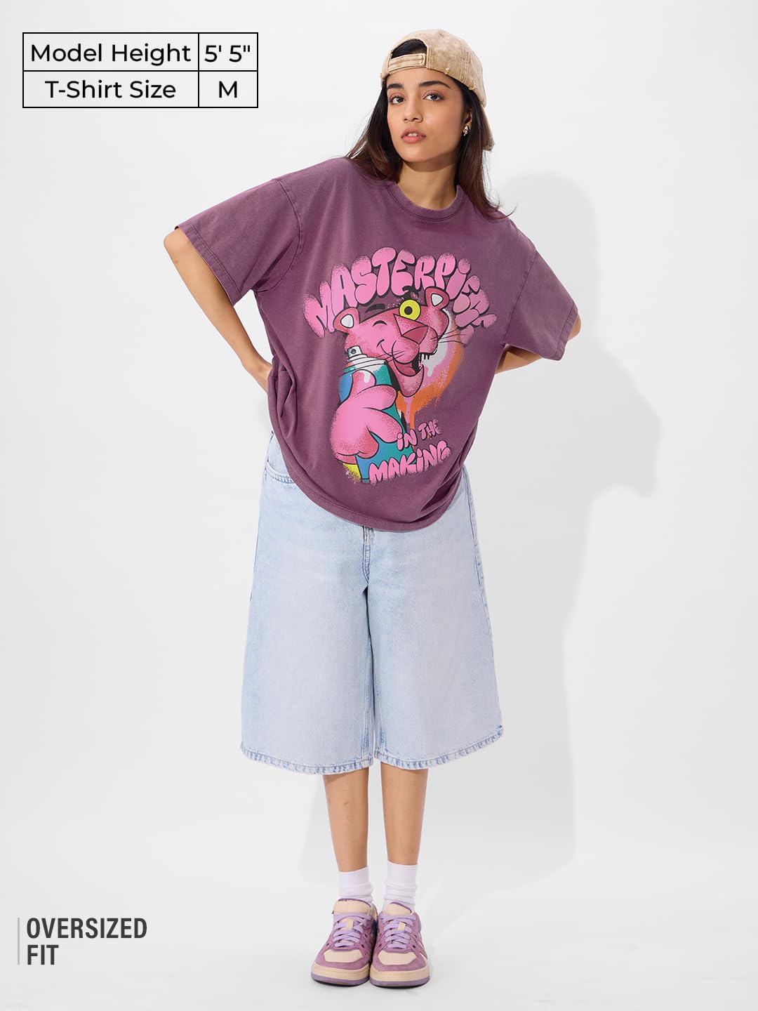 The Souled Store Official Pink Panther: Masterpiece Women and Girls Short Sleeve Round Neck Printed Cotton Oversized T-Shirts