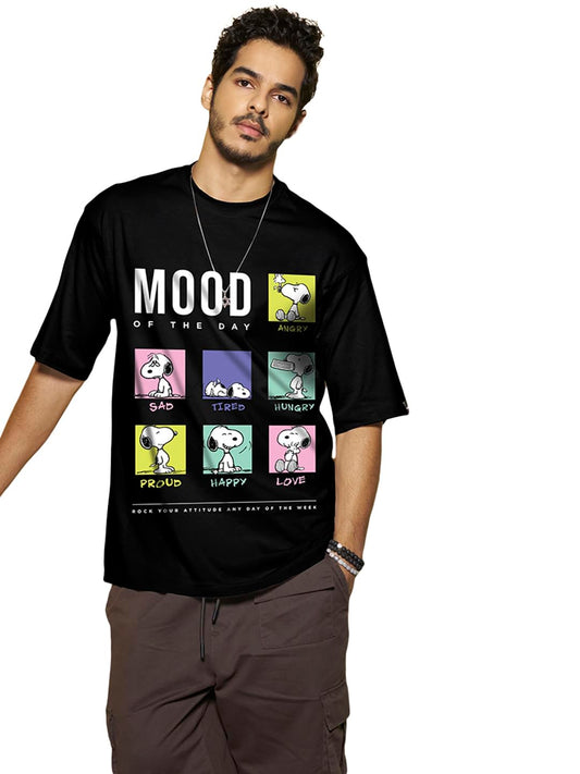 Bewakoof Official Peanuts Merchandise Mens Snoopy Mood Graphic Print Cotton Jersey T-Shirt - Oversized Fit, Round Neck, Half Sl