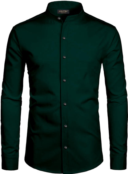 Mildin MenS Cotton Blend Solid Shirt With Mandarin Chinese Collar Full Sleeve Curved Hemline Button Closure Slim Fit | Shirt Fo