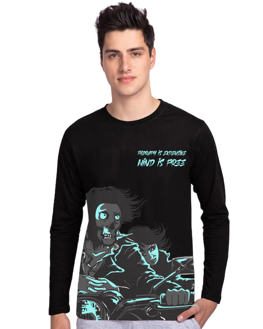 Veirdo Mens Cotton Full Sleeve Round Neck Ghost Skull Graphic Printed T-Shirt