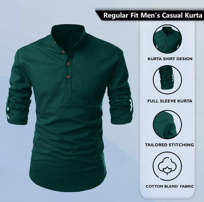 Zombom MenS Solid Cotton Blend Casual Regular Fit Mandarin/Chinese Collor Full Sleeve Kurta Shirt For Men Green