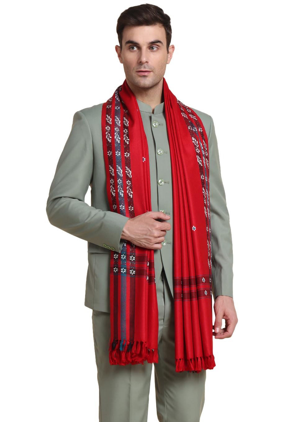 Weavers Villa Mens Acro Wool Blended Shawl - Handloom Border Pattern - Stoles for Men - Gents Shawls - Soft & Warm Wrap - Ideal
