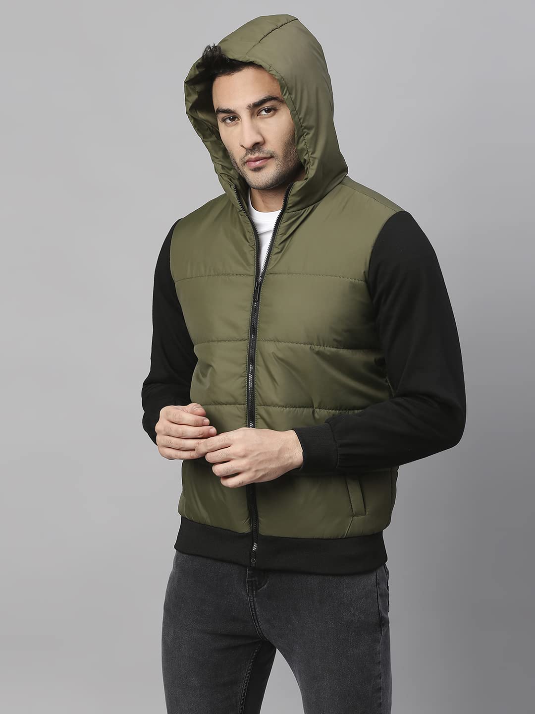 Dennis Lingo Polyester Regular Fit Full Sleeves MenS Color Block Hooded Puffer Jacket With 2 Pockets - Lightweight Casual Winte