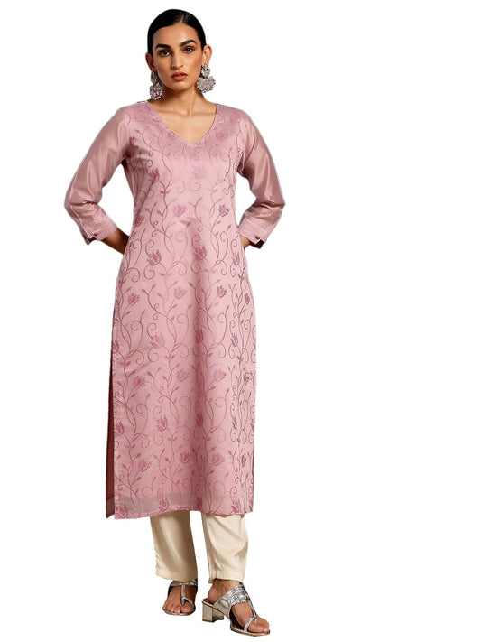 Libas Mauve Embroidered Silk Straight Kurta