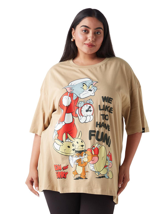 Bewakoof Official Tom & Jerry Merchandise Womens Graphic Print Oversized Fit Half Sleeve Round Neck Cotton Jersey Plus Size T-S
