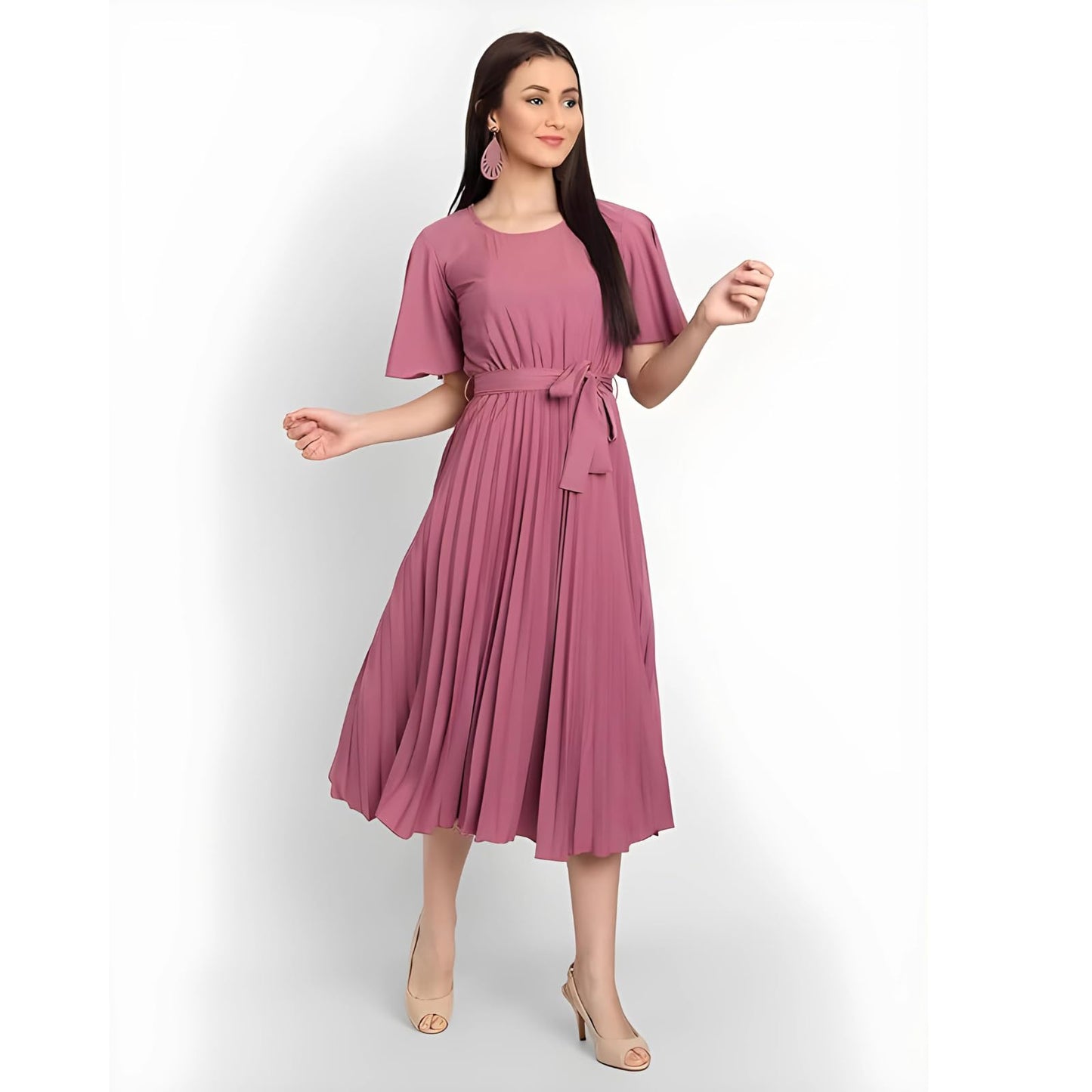 Kuduzo WomenS Crepe Midi Dress With Plated Style Round Neck Half Ruffle Sleeves Below Knee Length Solid Pattern And Regular Fit