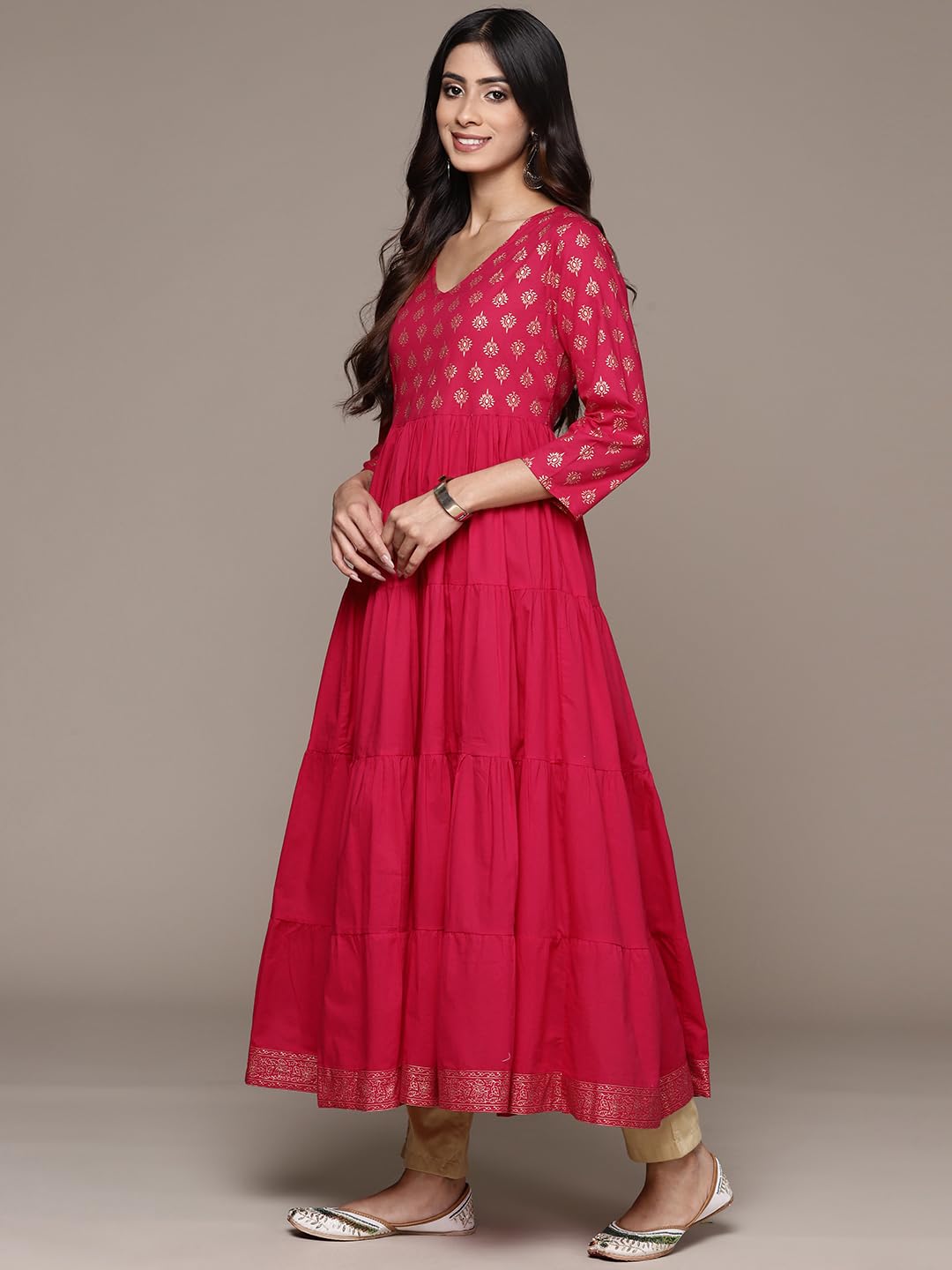 ishin Women's Cotton Ethnic Motifs Fuchsia Anarkali Kurta