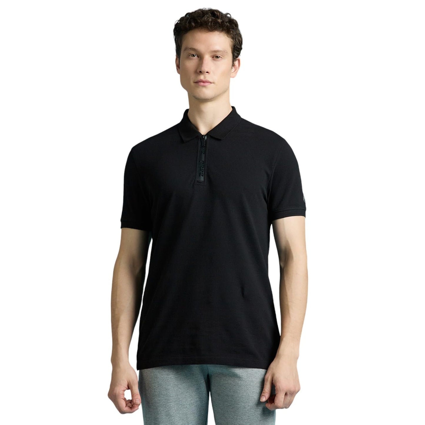 Black Short Sleeved Zipper Stretch Polo