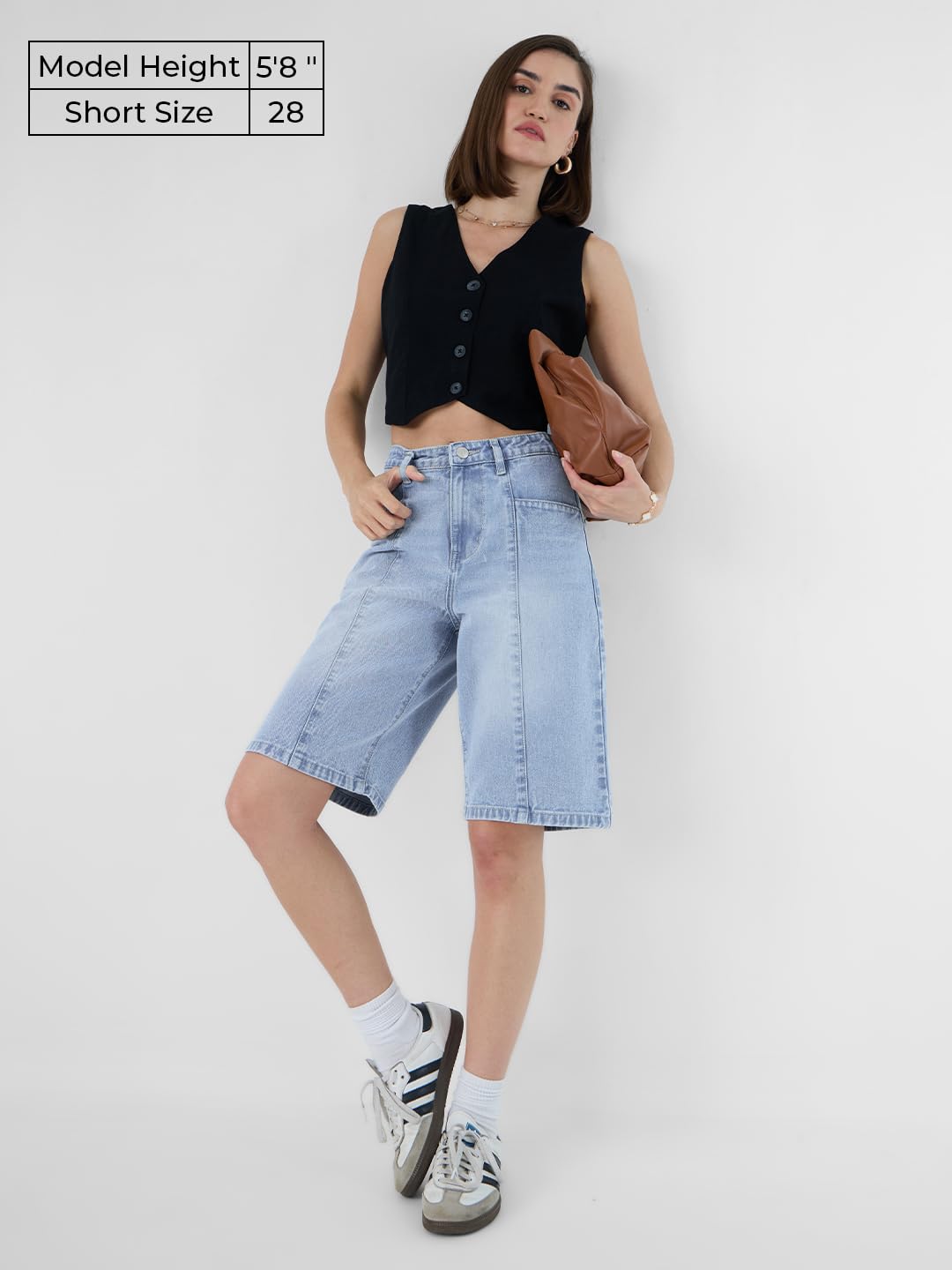 The Souled Store Denim Bermuda: Ice Blue Women and Girls Buttoned Knee Length Solid Cotton Bermuda Shorts