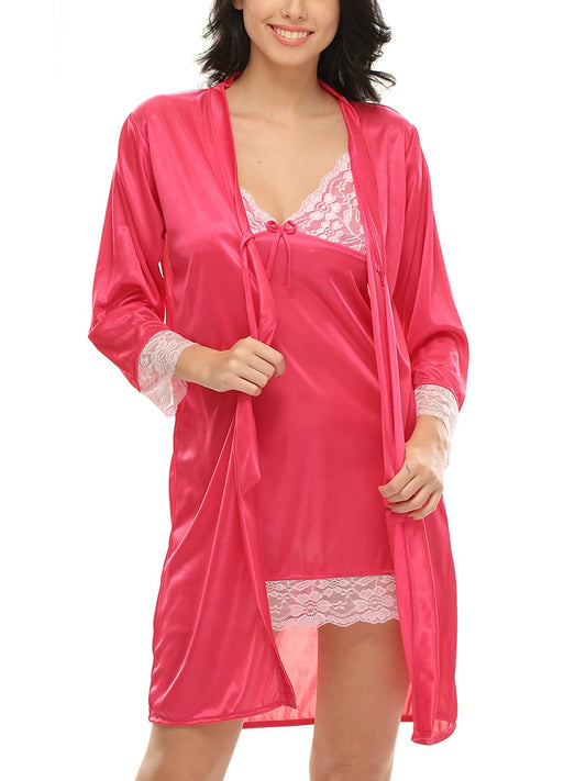 Clovia Womens Satin Chic-Basic Robe & Babydoll Set (NSM294P22_Pink_L)