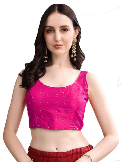 Pujia Mills Womens Square Neck Silk Sleeveless with Stone Work Readymade Blouse