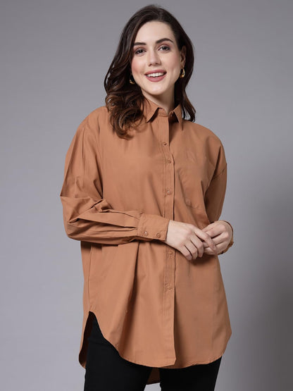 Style Quotient Women Solid Tan Cotton Smart Casual Oversized Shirt