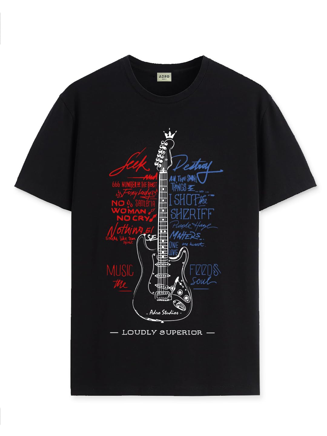 ADRO Guitar Design Printed T-Shirt for Men - 100% Cotton, Regular Fit, Soft Breathable Fabric. (RN23-M-GTR-BL_Black)