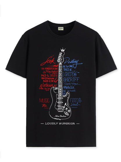 ADRO Guitar Design Printed T-Shirt for Men - 100% Cotton, Regular Fit, Soft Breathable Fabric. (RN23-M-GTR-BL_Black)