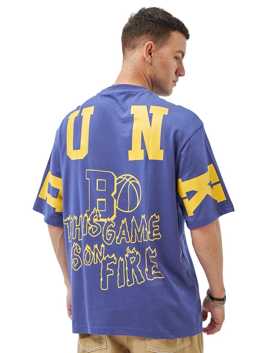 Bewakoof Mens Graphic Printed Super Loose Fit Half Sleeve Round Neck Cotton Jersey T-Shirt_ 616968 Blue M