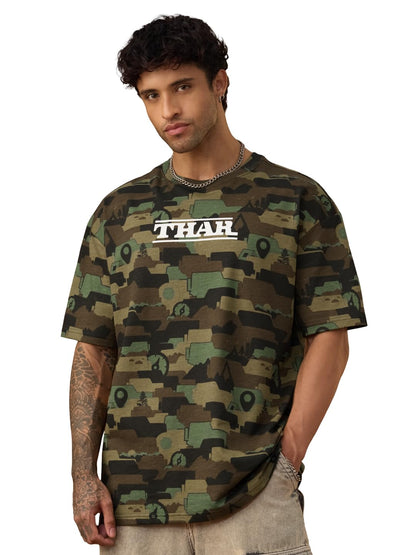 The Souled Store Thar: Off-Road Men and Boys Short Sleeves Round Neck Graphic Printed Camouflage Oversized T-Shirt
