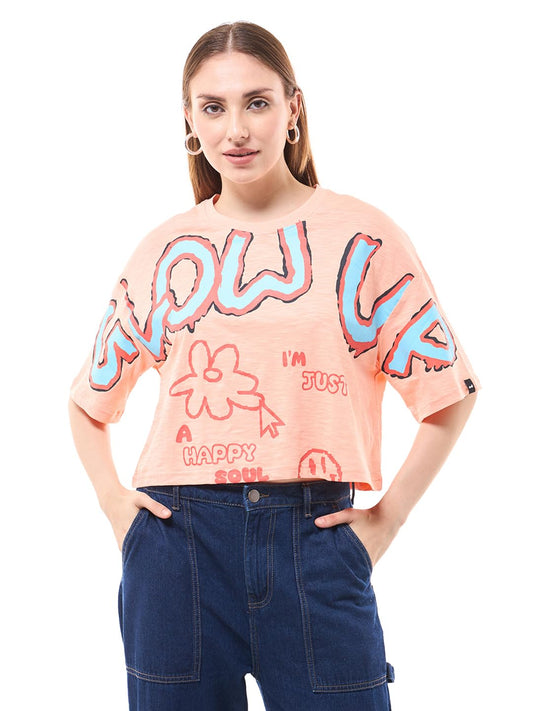 Bewakoof Air 1.0 Womens Graphic Printed Oversized Fit Half Sleeve Round Neck Cotton Jersey Short Top_636774_Orange_XL
