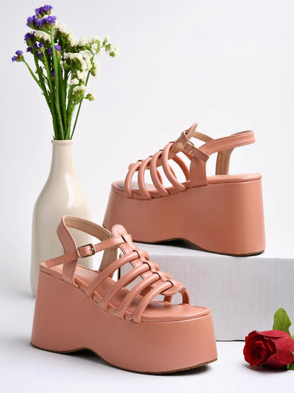 Shoetopia WomenS Peach Platform Sandals Chunky Wedge Gladiator Style|| Caged Straps & Adjustable Buckle  Trendy Summer Footwear