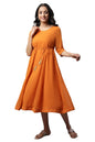 Orange Round Neck Foil Print Flared Dress