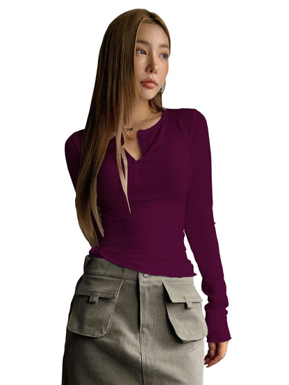 Shasmi Womens & Girls Magenta Long Sleeve Round Neck Solid Color Ruched Workwear Casual Top Half Button Down Henley T-Shirt fo