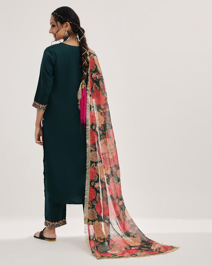 Varanga Women Green Embroidered Straight Kurta Paired With Tonal Bottom And Printed Dupatta.