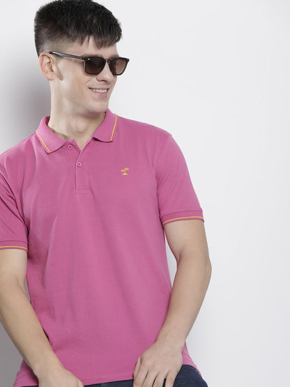 The Indian Garage Co Men Slim Fit Solid Polo Collar Tshirt Prism Pink