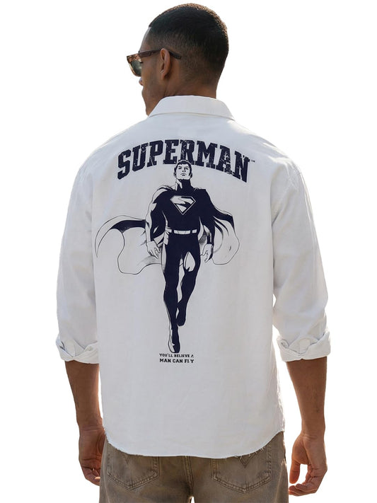 Bewakoof Official Dc Merchandise Superman MenS Graphic Print Oversized Fit Full Sleeve Collar Cotton Twill Shirt_689721_White_L