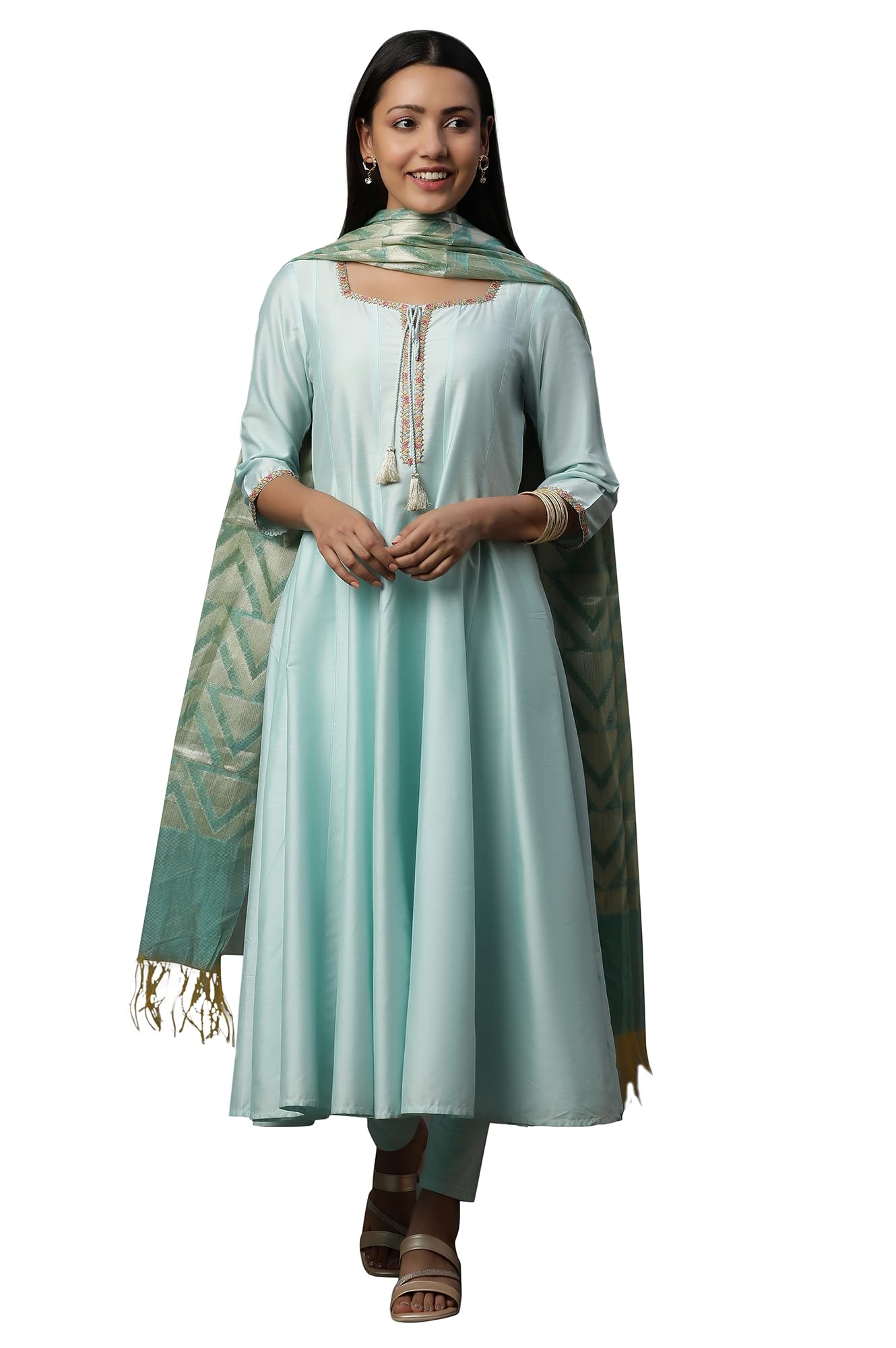 Aurelia White Floral Printed High-Slit Kurta, Pleated Skirt and Dupatta Set