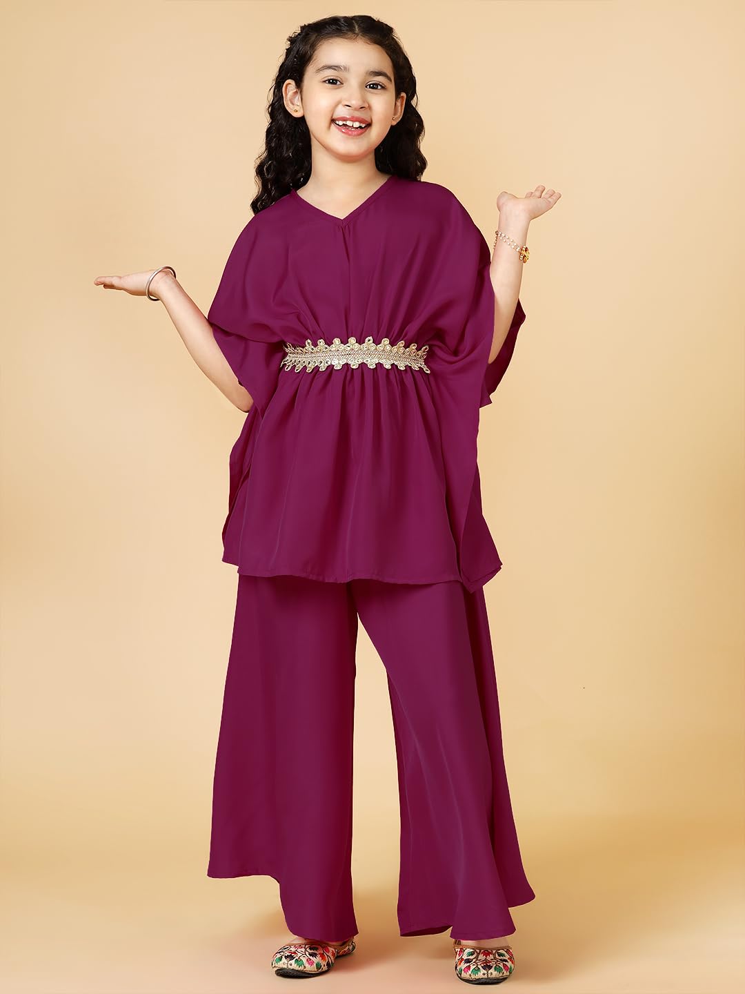 A.T.U.N. (ALL THINGS UBER NICE) Girls Solid Polysilk Wine Kaftan with Flared Pant Set