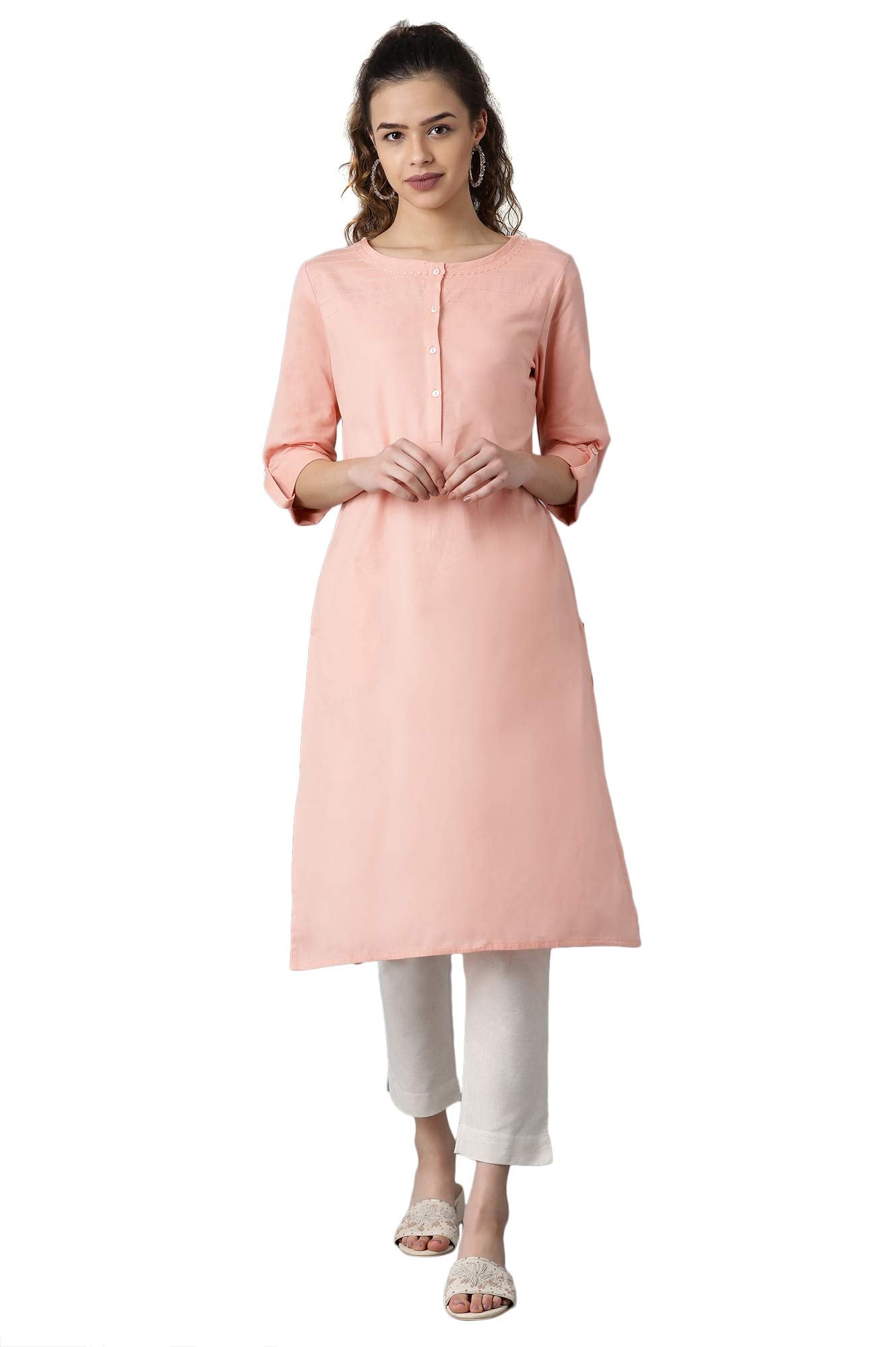 W for Woman Women's Cotton Straight Fit Straight Round Neck Solid Kurta