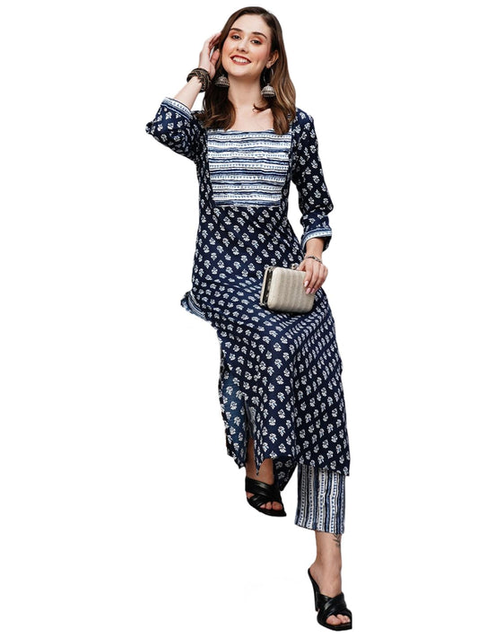 GoSriKi Women's Cotton Blend Straight Printed Kurta with Pant (Kuhoo Blue-KNW-GS)